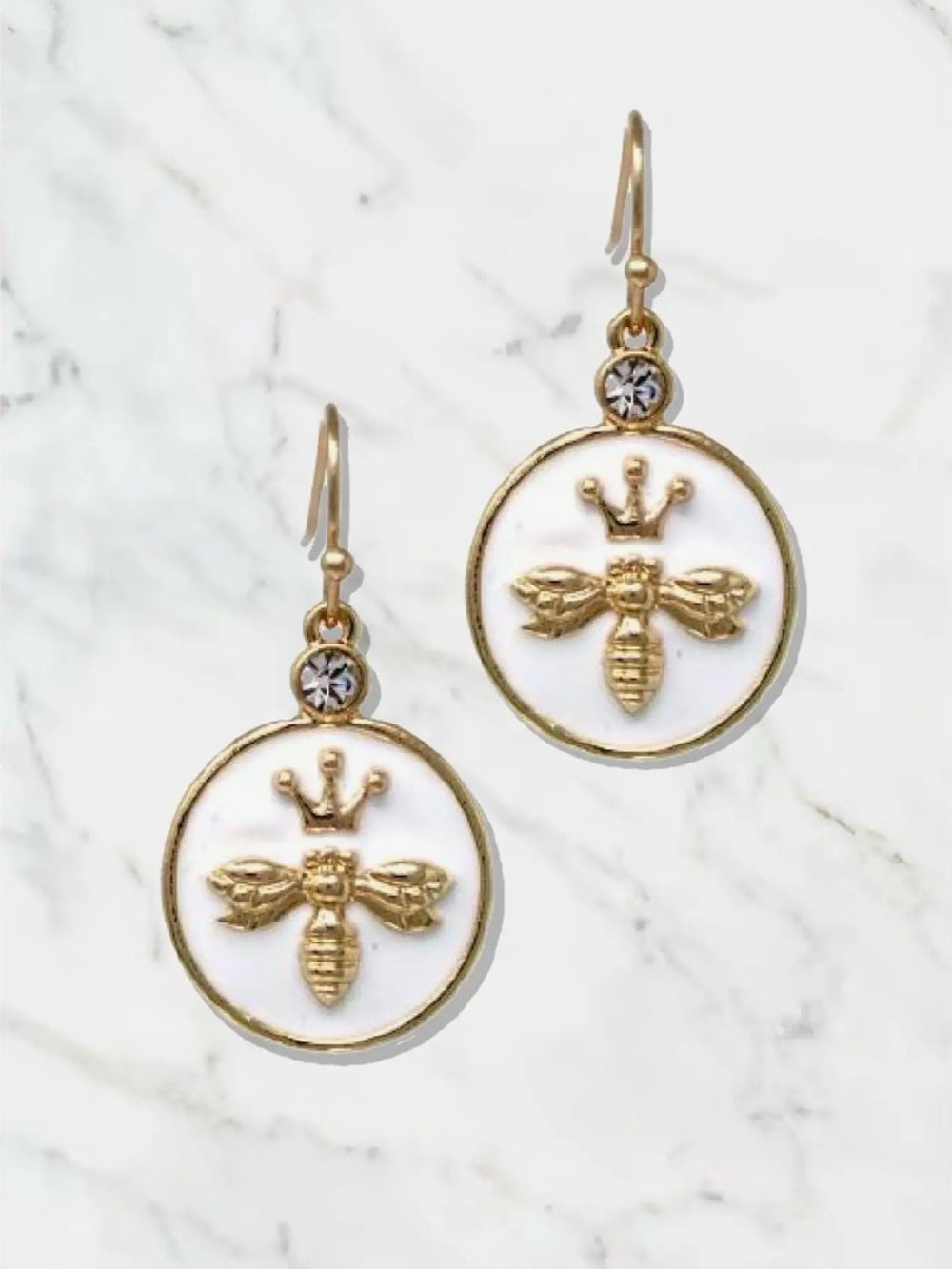 Cici Gold & White Bee Crown Drop Earrings